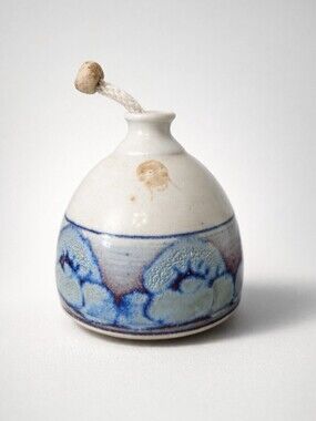 Studio Pottery Ceramic Small Vase Or Oil Bottle Featuring Blue & Brown Design